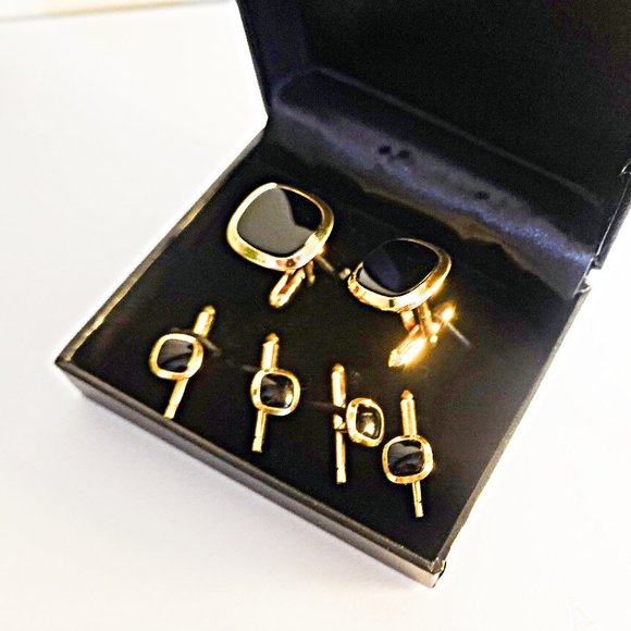 MEN'S Tuxedo Jewelry Black Onyx Cufflinks Shirt Studs Set